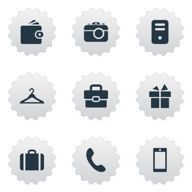 9 basit simgeler kümesi. İş çantası, dijital kamera, cep telefonu ve diğer gibi öğeleri bulunabilir.