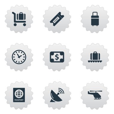 9 basit uçak simgeler kümesi. Para birimi, kupon, seyahat çantası ve diğer gibi öğeleri bulunabilir.