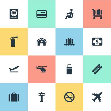 16 basit Havaalanı simgeler kümesi. Koruma aracı, seyahat çantası, koltuk ve diğer gibi öğeleri bulunabilir.