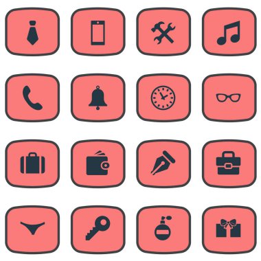 16 basit aksesuarları simgeler kümesi. İç çamaşırı, iş çanta, gözlük ve diğer gibi öğeleri bulunabilir.