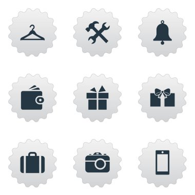 9 basit aksesuarları simgeler kümesi. Askı, cep telefonu, hediye ve diğer gibi öğeleri bulunabilir.