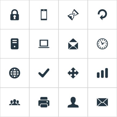 16 basit uygulama simgeler kümesi. İzlemek, mesaj, kum sayacı gibi öğeleri bulunabilir.