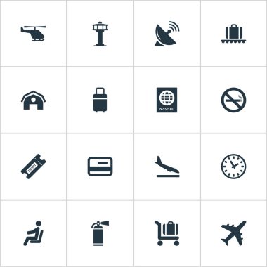 16 basit Havaalanı simgeler kümesi. Seyahat çantası ve diğer bagaj atlıkarınca, Sigara yasak, gibi öğeleri bulunabilir.