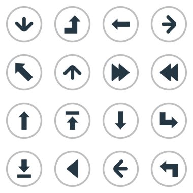Set Of 16 Simple Pointer Icons. Can Be Found Such Elements As Downwards Pointing, Advanced, Rearward And Other. clipart