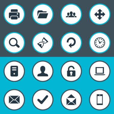 16 basit uygulama simgeler kümesi. Büyüteç, yenileme, akıllı telefon ve diğer gibi öğeleri bulunabilir.