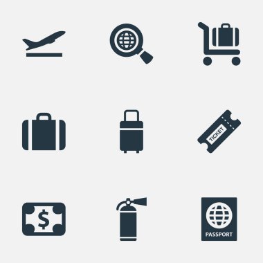 9 basit ulaşım simgeler kümesi. El çantası, kalkış, seyahat çantası gibi öğeleri bulunabilir.