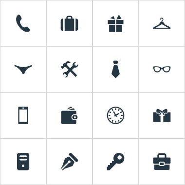 16 basit aksesuarları simgeler kümesi. Hediye, cep telefonu, onarım ve diğer gibi öğeleri bulunabilir.
