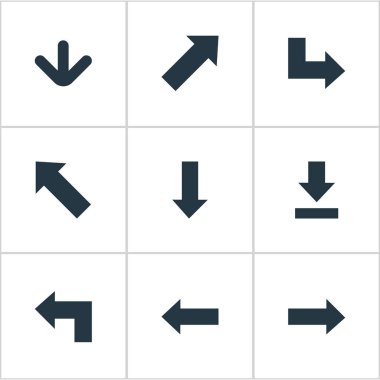 9 basit işaretçisini simgeler kümesi. Gibi öğeleri olarak aşağıya doğru işaret ederek, yön, aşağıya doğru işaret ve diğer sol bulunabilir.