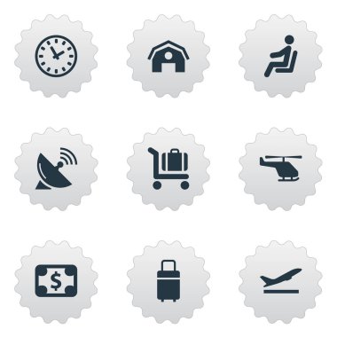 9 basit Havaalanı simgeler kümesi. İzle, anten, seyahat çantası ve diğer gibi öğeleri bulunabilir.