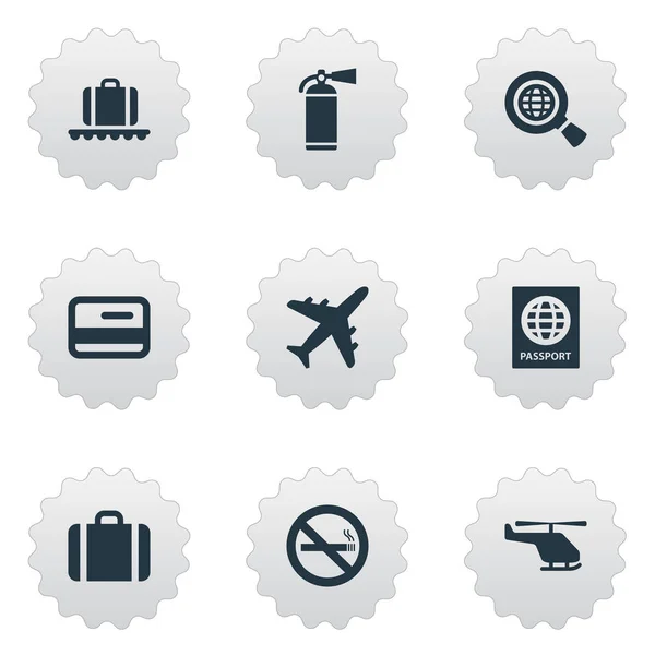 Zestaw 9 ikon proste lotniska. Można znaleźć takie elementy jak papierosa zabronione, torebka, karuzela bagażu. — Wektor stockowy