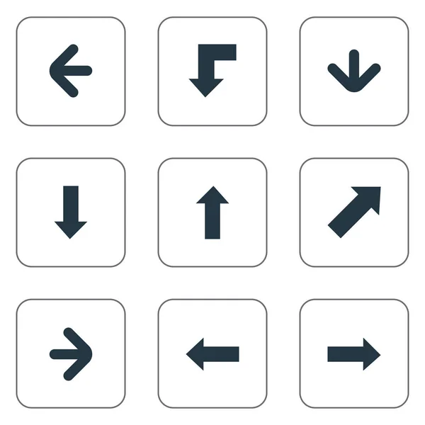 Conjunto de 9 iconos de indicadores simples. Se pueden encontrar elementos tales como dirección correcta, dirección hacia arriba, dirección izquierda y otros . — Vector de stock
