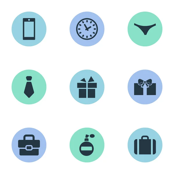 Satz von 9 einfachen Symbolen. Elemente wie Krawatte, Businesstasche, Zeit und andere. — Stockvektor