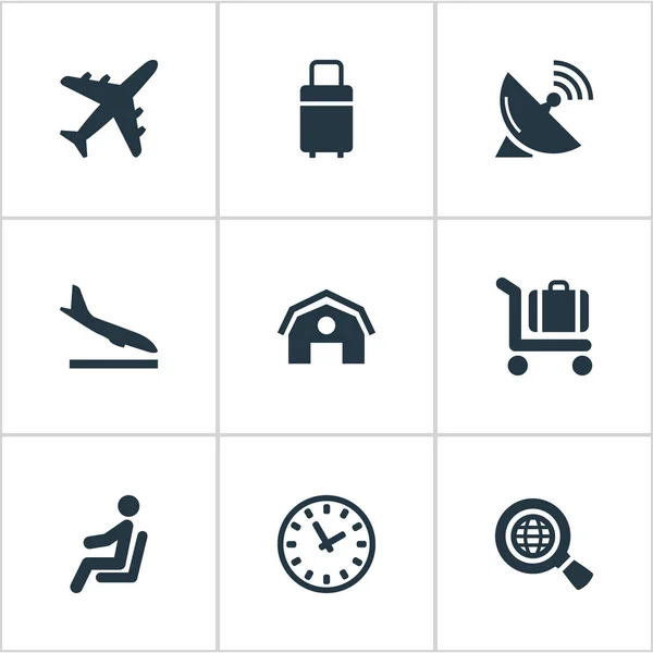 Set von 9 einfachen Flughafen-Symbolen. finden sich Elemente wie Garage, Uhr, Flugzeug und andere. — Stockvektor