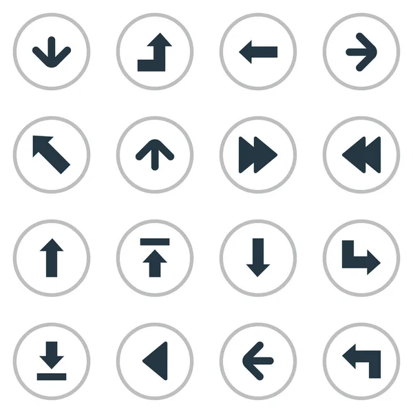 Set Of 16 Simple Pointer Icons. Can Be Found Such Elements As Downwards Pointing, Advanced, Rearward And Other. — Stock Vector