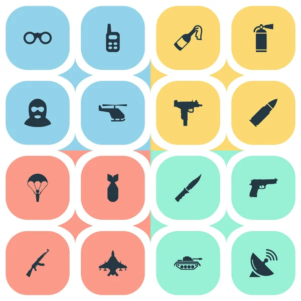 Set van 16 eenvoudige terreur iconen. Elementen zoals vuurwapen, brandblusser, Nuke en andere vindt. — Stockvector