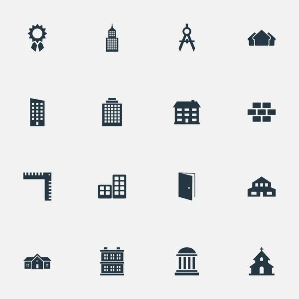 Набор из 16 иконок простой конструкции. Можно найти такие элементы, как жилой, камень, офисы и другие . — стоковый вектор