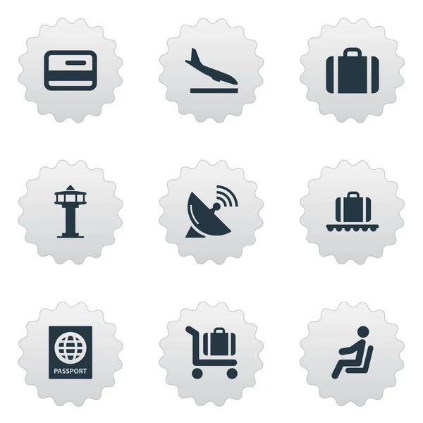 Conjunto de 9 iconos de viaje simples. Se pueden encontrar elementos tales como antena, torre de control de vuelo, carro de equipaje y otros . — Vector de stock