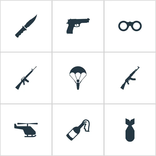 Uppsättning av 9 enkla slaget ikoner. Finns sådana element som Molotov, Fältkikare, Nuke och andra. — Stock vektor