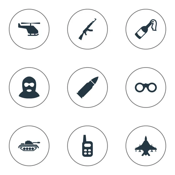 Set Of 9 Simple Battle Icons. Можно найти такие элементы, как полевые очки, Калашников, Sky Force и другие . — стоковый вектор