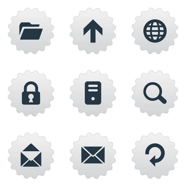 Set Of 9 Simple Application Icons. Можно найти такие элементы, как сообщение, обновление, увеличение и другие . — стоковый вектор