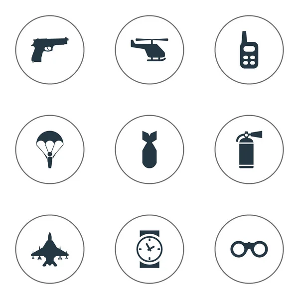 Set van 9 eenvoudige terreur iconen. Elementen zoals helikopter, Walkies, brandblusser en andere vindt. — Stockvector