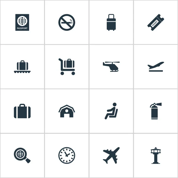 Satz von 16 einfachen Ebenen-Symbolen. finden sich Elemente wie Gepäckkarussell, Garage, Flugkontrollturm und andere. — Stockvektor