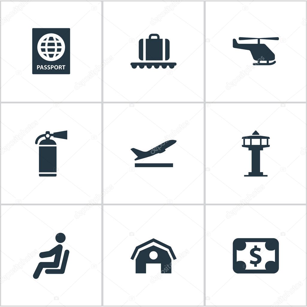 Set Of 9 Simple Transportation Icons. Can Be Found Such Elements As Seat, Currency, Protection Tool And Other.