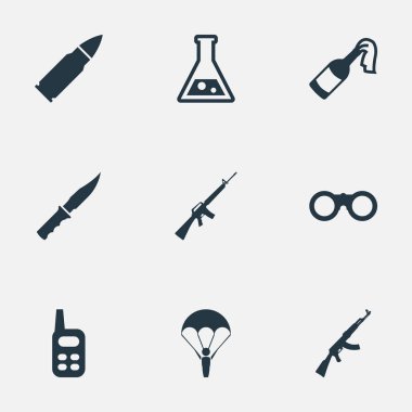 9 basit savaş simgeler kümesi. Alan gözlük, telsizler, tüfeği silah ve diğer gibi öğeleri bulunabilir.