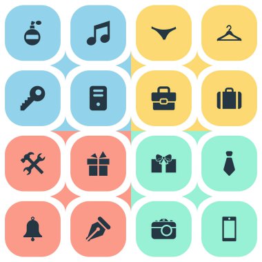 16 basit simgeler kümesi. Yüzük, koku, evrak ve diğer gibi öğeleri bulunabilir.