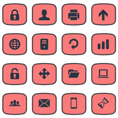 16 basit uygulama simgeler kümesi. İleti, yenileme, defter ve diğer gibi öğeleri bulunabilir.