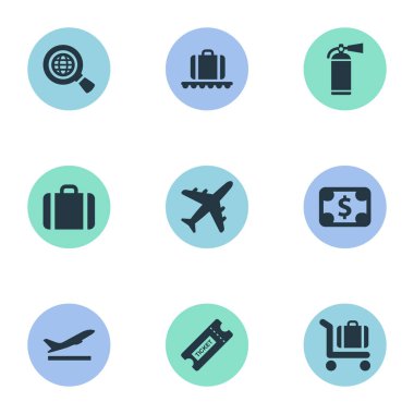 9 basit uçak simgeler kümesi. Bagaj arabası, el çantası, Bagaj atlıkarınca gibi öğeleri bulunabilir.