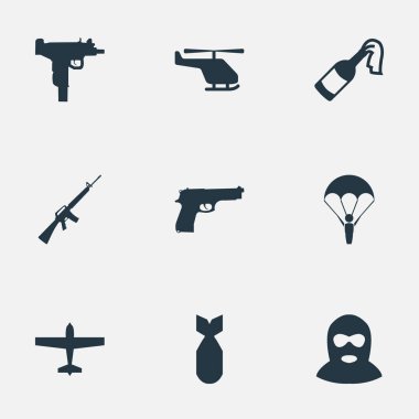 9 basit savaş simgeler kümesi. Tüfeği silah, helikopter, paraşütçü ve diğer gibi öğeleri bulunabilir.