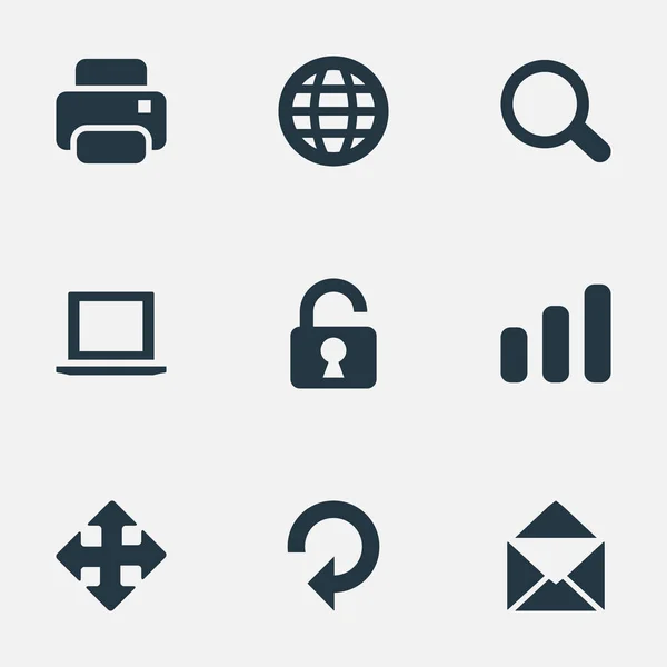 Conjunto de 9 iconos de aplicaciones simples. Se pueden encontrar elementos tales como lupa, estadísticas, candado abierto y otros . — Archivo Imágenes Vectoriales