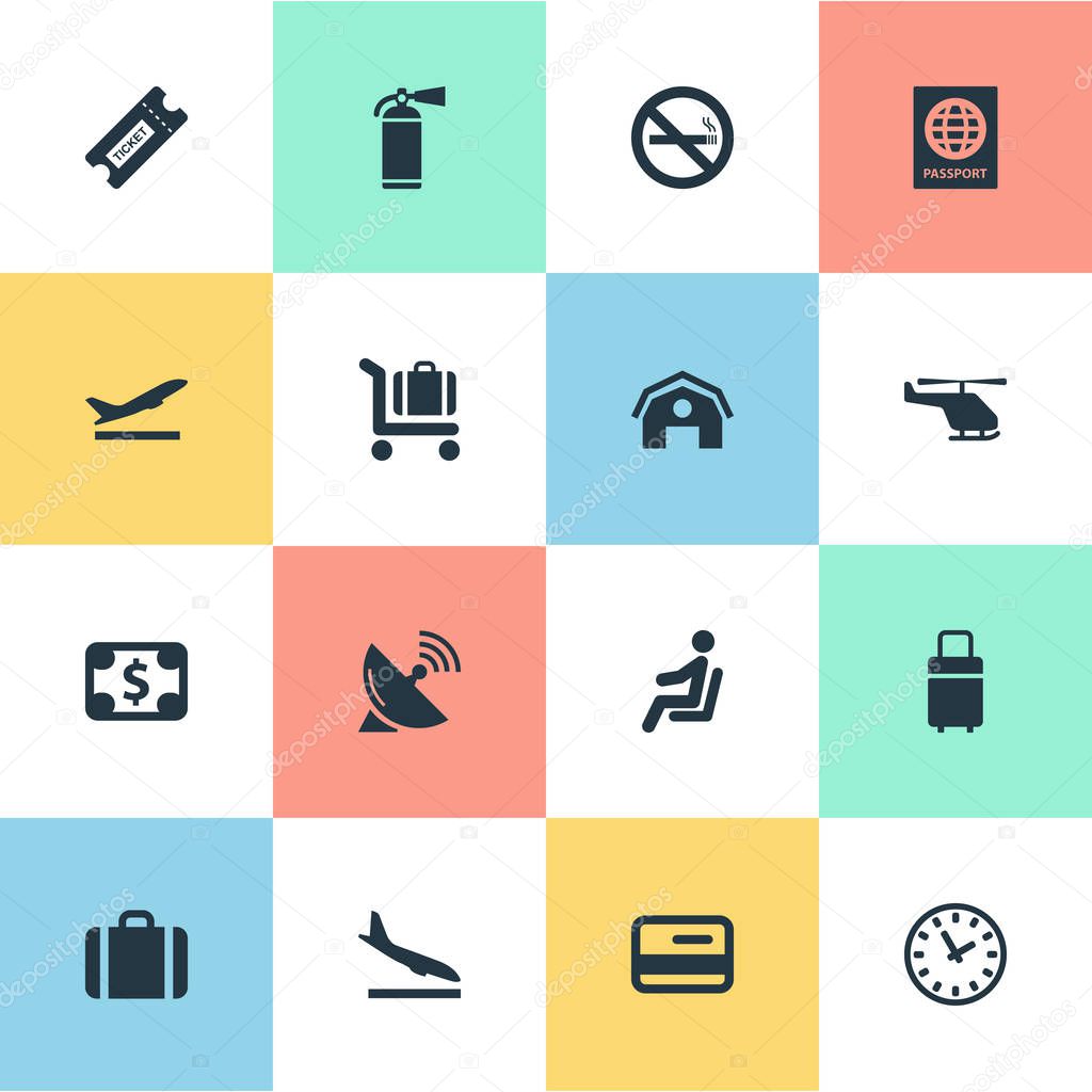 Set Of 16 Simple Airport Icons. Can Be Found Such Elements As Handbag, Travel Bag, Takeoff.