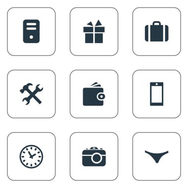 Vektör çizim basit simgeler kümesi. Öğeleri cüzdanınızdan, sistem birimi, onarım ve diğer eş anlamlı hareket eden, bahşiş ve fotoğraf çekimi.