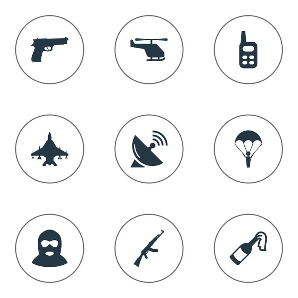Vektor Illustration Set von einfachen Terror-Symbolen. Elemente Hubschrauber, Kalaschnikow, Fallschirmjäger und andere Synonyme Kommunikation, Waffe und Bombe. — Stockvektor