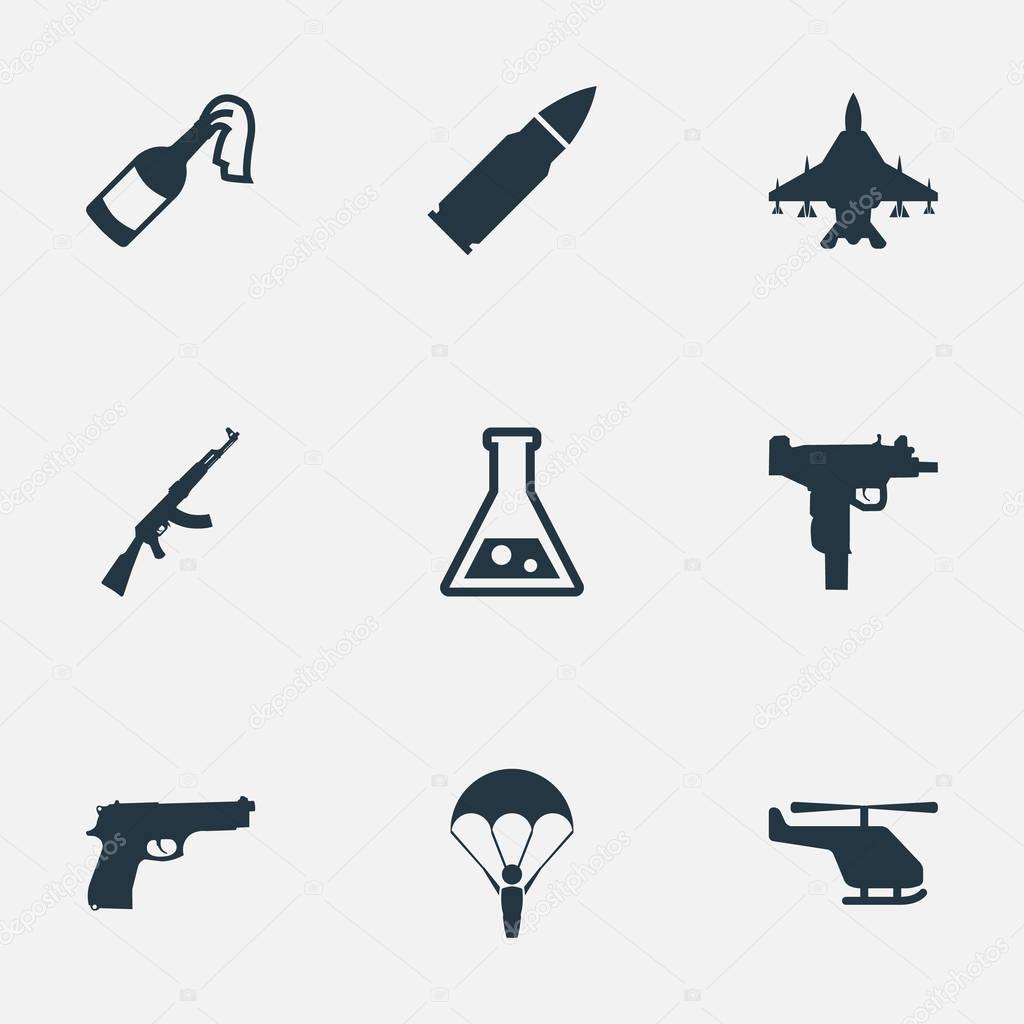 Vector Illustration Set Of Simple Army Icons. Elements Pistol, Sky Force, Firearm And Other Synonyms Copter, Fighter And Helicopter.
