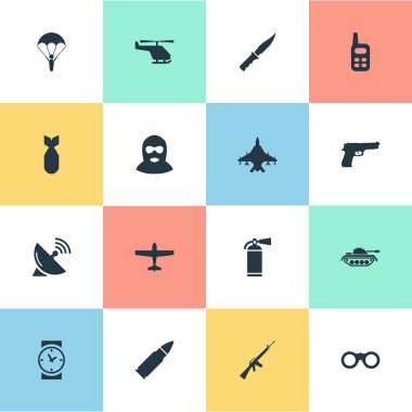 Vektör çizim basit ordu simgeler kümesi. Öğeleri izle, paraşütçü, gökyüzü güç ve diğer eş anlamlı paraşütçü, terörist ve mühimmat.