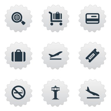 Vektör çizim basit ulaşım simgeler kümesi. Öğeleri kredi kartı, kupon, el çantası eş anlamlı uçak, durdurmak ve kredi.