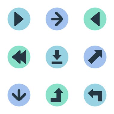 Vektör çizim basit imleç simgeler kümesi. Öğeleri aşağı dönüm noktası, işaretçi, doğru Landmark eş anlamlı arkaya, sol ve Download.