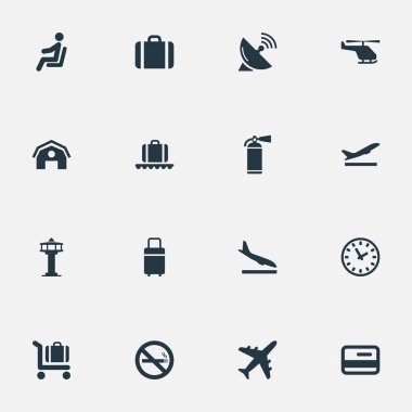 Vektör çizim basit uçak simgeler kümesi. Öğeleri uçak, kalkış, koruma aracı ve diğer eş anlamlı bavul, Hangar ve uydu.