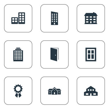 Vektör çizim basit yapısı simgeler kümesi. Öğeleri kapı, cam, ikamet ve diğer eş anlamlı inşaat, gayrimenkul ve ofisler.