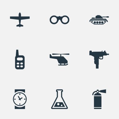 Vektör çizim basit terör simgeler kümesi. Öğeleri izle, hava bombardıman, telsiz ve diğer eş anlamlı helikopter, ateşli silah ve silah.