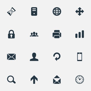 Vektör çizim basit uygulama simgeler kümesi. Öğeleri izlemek, bilgisayar Kasası, kum Zamanlayıcı eşanlamlıları dokunmatik ekran, ileti ve Up.