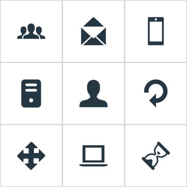 Vektör çizim basit bir uygulama simgeler kümesi. Öğeleri defter, zarf, yenileme ve diğer eş anlamlı bilgisayar, insan ve dizüstü.