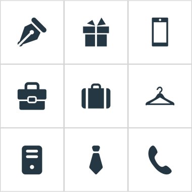 Vektör çizim basit araç simgeler kümesi. Öğeleri hediye, sistem birimi, iş çanta ve diğer eş anlamlı kalem telefon ve Diplomat.