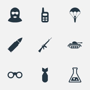 Vektör çizim basit askeri simgeler kümesi. Öğeleri ağır silah, alan gözlük, tüfeği silah ve diğer eş anlamlı mühimmat paraşütçü ve Ar15.