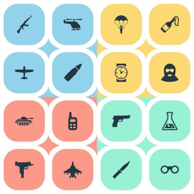 Vektör çizim basit askeri simgeler kümesi. Öğeleri radyoları, paraşütçü, helikopter ve diğer eş anlamlı bıçak, uçak ve helikopter.