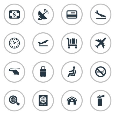 Vektör çizim basit Havaalanı simgeler kümesi. Öğeleri kalkış, Sigara yasak, Bagaj arabası ve diğer eş anlamlı zaman koltuk ve plastik.