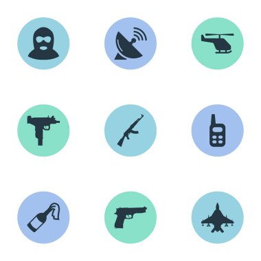 Vektör çizim basit savaş simgeler kümesi. Öğeleri tabanca, helikopter, telsiz ve diğer eş anlamlı Ak47, helikopter ve iletişim.